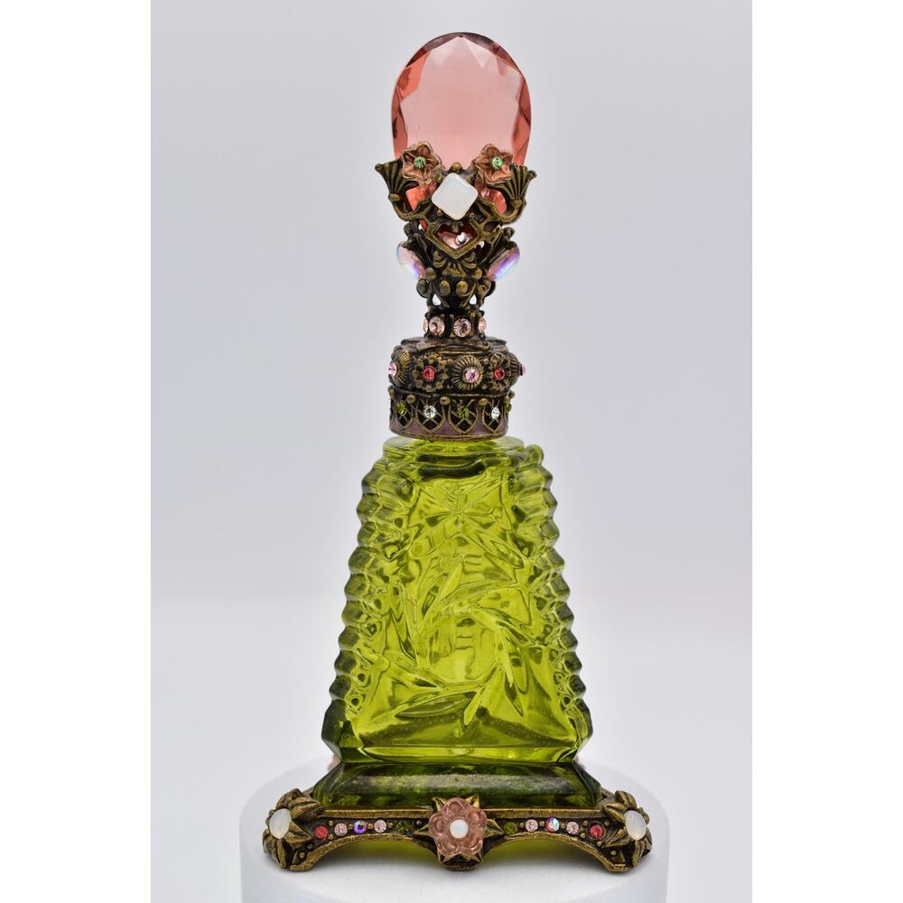 Sweet Romance USA Vintage Perfume Bottle Green Art Deco Jeweled Floral Motif